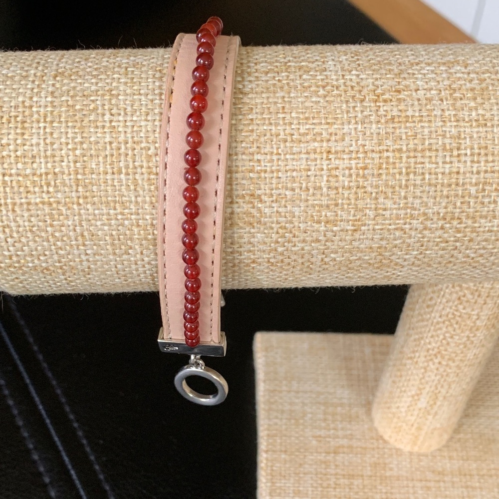 Vintage Ralph Lauren Double RL Beige Leather Bracelet with Red Bead Row